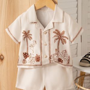 Korte Mouwen Shirt voor Jongens met Omgeslagen Kraag en Shorts Set in Vakantiestijl