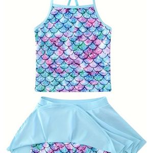 2PCS Vissen Schalen Print Meisjes Schattige Tankini Zwempak, Kruis Rug Bandjes Twee-delige Badpak Met Verstelbare Band Hawaii Buiten Strand Zwemkleding