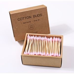200 stuks Bamboe Wattenstaafjes - Dubbelzijdige Houten & Bamboe Tip Wegwerpstokjes, Roze/Zwart/Wit Kleurgecodeerde Tips voor Manicure, Nagellakverwijdering, Gevoelig Beige, Bulkdoos (200 stuks)