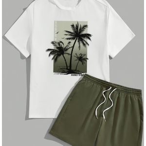 1 Set van 2 stuks 3D Geprinte Modieuze Heren T-Shirt en Shorts met Kokospalm, Licht Rekbaar Polyester Stof, Regular Fit, Geschikt voor Buitenactiviteiten en Familiefeestjes