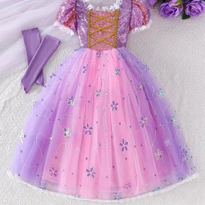 Prinsessenjurk voor Meisjes, Paarse Korte Mouwen, Kantprint, Bloemen Gedrukte Mesh Rok, Festivaloptreden, Halloween Carnaval, Meisjeskleding