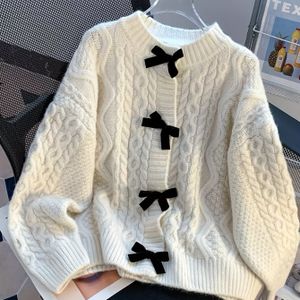 Kabel gebreide strikcardigan met strikdetail, casual lange mouwen ronde hals cardigan voor herfst en winter, dameskleding.