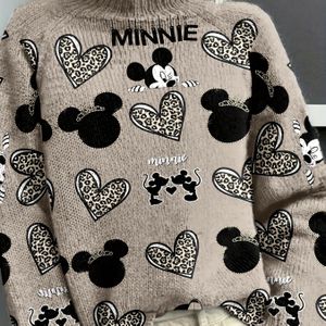 Hoge Hals Raglanmouw en Minnie Hart Luipaardprint Losse Trui, Herfst Winter Warme Trendy Dames Pullover, Dames Winterkleding