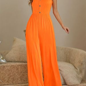 Decor V-hals Cami Jumpsuit, Casual Kleur Mouwloos Wijde Pijpen Jumpsuit Voor Lente & Zomer, Dameskleding