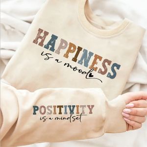 Plus Size Alphabet Sweatshirts voor Vrouwen, 100% Polyester Crew Neck Pullovers met Lichte Stretch, Gebreide Herfst/Winter Truien - Positieve & Geluk Grafische Print