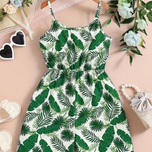 Tropisch print mouwloos jumpsuit voor meisjes - Zomer casual & comfortabel mode, geweven stof, niet stretch, reguliere pasvorm voor jongeren, voor buiten