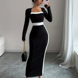 Franse vierkante hals body-hugging lange jurk, zwarte lange mouwen polyester jurk, geschikt voor alle seizoenen, ideaal voor feesten, dates en dinerfeesten