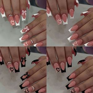 96 stuks Lange Vierkante Plaknagels met Hartjes & Strikjes Decoratie Zoete Stijl Volledige Bedekking voor Vrouwen Zwart en Rood Zomer Nagelkunst Charm Dating Kantoor Thuis Feest