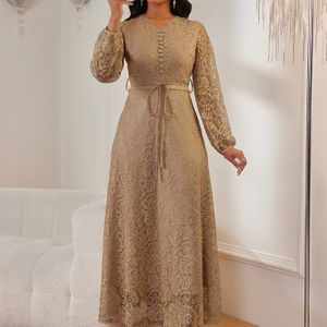 Lente en Herfst Damesjurk, Modieus en Elegant, Kantoorfeest, Kant Bloem Kleur Semi- Gevoerde Riem, V-Hals Nepknopen Rits, Lange Mouwen Kant Uitlopende Maxi Jurk, HRYY332