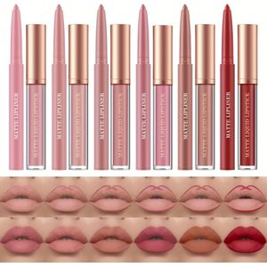 12-delige set matte vloeibare lippenstift en lipliner, lipmake-up, waterdicht, langhoudend, nude lipvlek, cadeauset voor alle huidtypes
