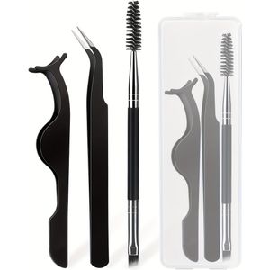 3-delige Wimperpincetten, Borstels met Opbergdoos, Puntige Pincetten, Wimpermappen en Wimperborstels voor Verlenging en Verzorging