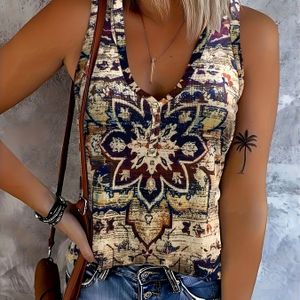 Ethnische bloemenprint vest, retro mouwloze zomertop met knopen voor vrouwen