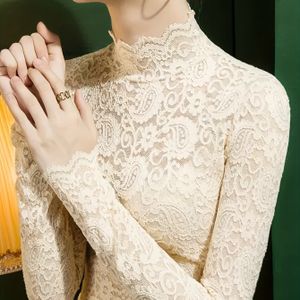 Kanten Top Met Opstaande Hals, Elegante Top Met Lange Mouwen Voor Lente En Herfst, Dameskleding