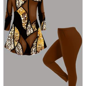 2 stuks Vrouwenmode Luipaardprint Lange Mouw Top en Kleur Broek Set, Polyester Breiselstof met Elastaan, Ronde Hals, Hoge Stretch, Willekeurig , met 180g/m² voor Wimpersets