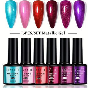 LILYCUTE 6-delige Metallic Chrome Nagel Gel Polish Set - Rood, , Goud, Roze - Langhoudende Semi-Permanente Soak-Off Formule met Sprankelende Glitter & LED