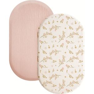 2 stukken Muslin Fitted Bassinet Bedden voor Baby Meisje Jongen - Zacht, Ademend, Wasbaar, Past voor van wieg, Zoete Stijl, Beige/Groen/Rood/Zwart Bloemenpatronen