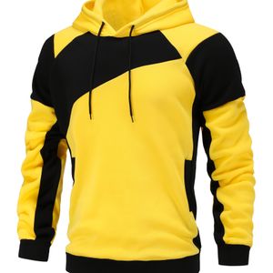 Herfst-Winter Kleurblok Hoodie voor Heren - Sportieve Pullover met Voorzak, Machinewasbaar, Pasvorm voor Buiten Wandelen & Casual (Geel/Zwart Contrast Ontwerp), Duurzaam Sportkleding
