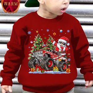 Gezellige Jongens Sweatshirt met Kerstman & Geschenktruck Print - Casual Ronde Hals, Fleece Gevoerd voor Herfst/Winter Warmte, Kerstmis, Dikker