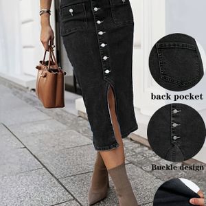 AW25 Dames High-Waist Stretch Denim Rok met Knoopsluiting en Zijzakken - Casual tot Elegante Rok voor Lente, Zomer en Herfst, Machinewasbaar in Kleur, Duurzaam Stof