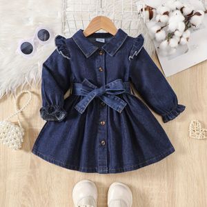 Meisjes' Schattige Bladprint Lange Mouwen Denim Jurk met Strikje voor Lente en Herfst