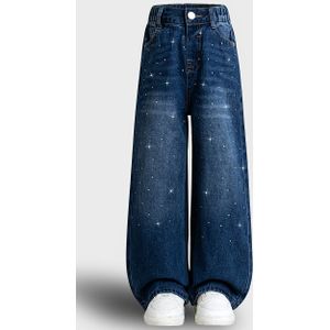Meisjesmode Casual Strass Decor Losse Gewassen Denim Wijde Pijpen Broek, Elastische Taille College Stijl Geschikt voor 5-14 Kinderen