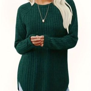 Plus Size - Plus Size Elegante Kleur Ronde Hals Lange Mouw T-Shirt voor Dames - Zacht, Rekbaar, Geschikt voor Alle Seizoenen, Casual Top met Losse Pasvorm en Ribgebreide Textuur, Machinewasbaar