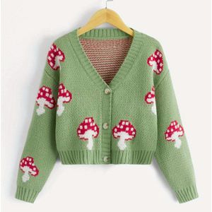 Kids Tween Meisjes Cardigan met Paddenstoelpatroon en Gedropte Schouder | Leuke V-hals, Losse Pasvorm, Acryl, Knoopdetails, Geschikt voor Lente/Herfst