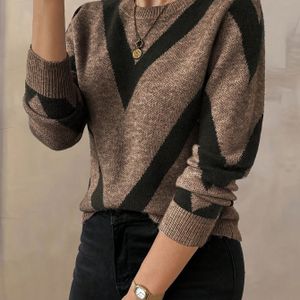Vrouwen Elegante Geometrische Chevron Trui - Zachte Stretch Ronde Hals Lange Mouw Pullover, Aardse Bruine Herfst Winter Casual & Formele Tops, Sweater, Elegantie, Duurzame Constructie