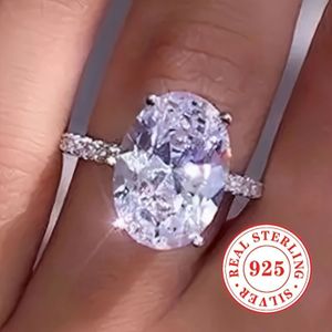 1pc Dames Verloving Ring 4-prong Inlay Ovaal Gesneden Zirkonia Ring S925 Zuivere Zilveren Bruid Bruiloft Ring Sieraden Cadeau