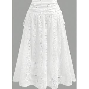 Elegante witte maxi- met kant en strikdetail - Hoge taille, stromend ontwerp, perfect voor lente/zomer/herfst, damesmode, elegante kleding| met strikdetail|Geweven stof