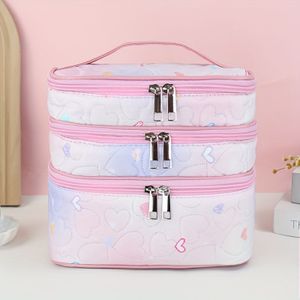 Dames 3-Laags Capaciteit Make-up Organizer Tas met Hart & Wolk Patronen - Pastel Roze & Pastel Kleuren, Goudkleurige Hardware, Studentenkamer