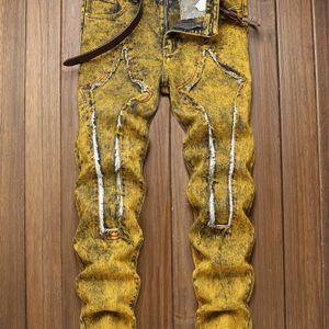TEMU Heren Stijlvolle Geborduurde Gescheurde Jeans met Kwastjes - Comfortabel Stretch Denim, Middelhoge Taille, Slim Fit voor Alle Seizoenen