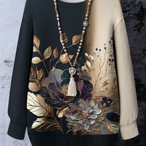 Plus Size - Plus Size - Plus Size - Elegante dames sweatshirt met bloemenprint in grote maten - Pullover met lange mouwen en ronde hals met goudbruin groen & bloem