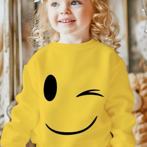 en leuk gezichtsweatshirt, kinder herfst zwart wit geel vierkleuren print ronde hals pullover, dagelijks vakantie casual kleding