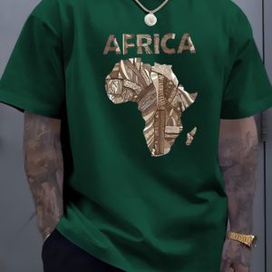 Heren Casual Crew Neck T-shirt met Afrika Kaart & Letter Print, Zacht Ademend Materiaal, Zomer Streetwear Stijl, Lichtblauw met Gouden Accents