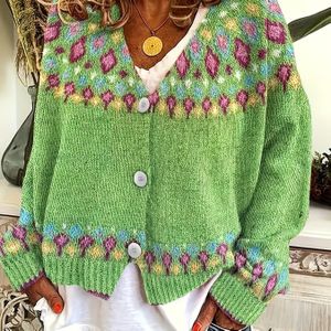 Stijlvolle Groene & Multicolor Geometrisch Gebreide Cardigan - Casual V-hals, Polyester, Ideaal voor Herfst/Winter, Dames Cardigans