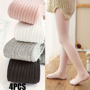 Een set van 1/4 meisjes' lente- en herfstleggings, kleur geribbelde gestreepte panty's, gebreide panty's om mee te kleden met jurken, stijlvol en veelzijdig.