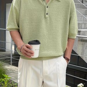 Men's Vintage-inspired Preppy Style Loose Fit Short Sleeve Knit Shirt - Solid Color, Button-up Collar, Casual Summer Pullover For Adults, Knit Sweate