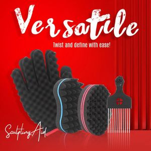 4- Set Magische Twist Haarsponzen, Gaten Sponsborstel voor Haar, Krulspanspons Handschoen voor Mannen Vrouwen Krullen met Metalen Afro Pick