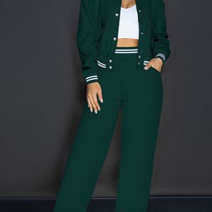 1 set Vrouwelijke Casual Polyester Outfit, Kleur Lente/Herfst Vakantiestijl Jumpsuit met Zakken, Baseball Kraag, Geweven Stof, voor Uitjes en Feesten