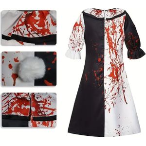 Elegante Halloweenkostuumrok voor dames - Chic zwart-wit kleurblok, korte mouw, ronde hals, uitlopende rok, perfect voor cosplay, toneeloptredens en Halloweenfeesten, Halloweenkostuum