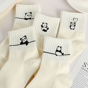 Dames polyester panda-print crew-lengte kousen, 5-stuks set, elegante brei-stof met spandex - dierpatronen, handwas aanbevolen