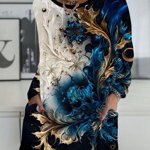 Plusmaat Elegante Marmerpatroon 3D-Print Lange Mouw T-Shirt met Zak, Gebreide Polyester Crew Neck Top voor Alle Seizoenen