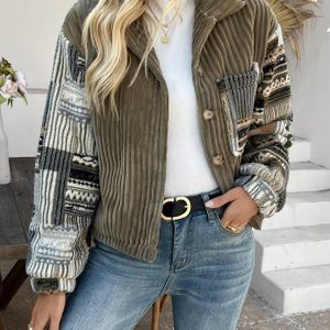 1pc Elegante Polyester Jak Met Lange Mouw En Revers Voor Dames - Kleur Geweven Mode Patchwork Bovenkleding Voor Alle Seizoenen