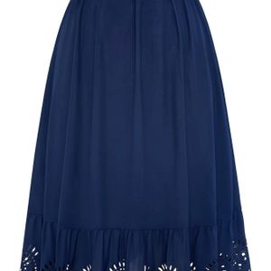 Plus Size Dames Elegante Marineblauwe Paraplu Rok met Kantafwerking - Ademende Niet-Rekbare Stof, Machinewasbaar Zomerse Casual tot Halfformele Kleding, Zomerkleding | Kantrokje | Verfijnde Kant