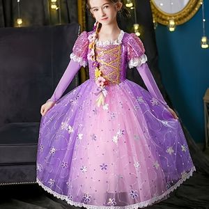 Elegante Paarse Kant & Bloemenprint Prinsessenjurk voor Meisjes 6-12 - Lange Mouwen, Perfect voor Halloween & Verjaardagscadeaus