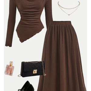 Herfst-Winter Elegante Dames Tweedelige Geribbelde Hoge Stretch Asymmetrische Top en A-Lijn Rok Set