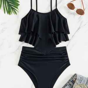 Vrouwenmode zwemkleding in een volle kleur met opgevouwen rug en tankini-set