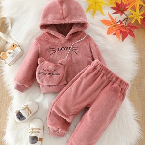 Driedelige Schattig Meisjes Hoodie Set met en Kat Borduursels, Fleece Stof, Warm & Comfortabel voor Herfst/Winter Outdoor Activiteiten