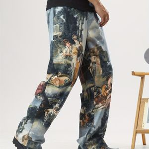 Heren Casual Wide-Leg Faux Denim Broek met Levendige Bloemenprint - Comfortabele, Niet-Stretch Stof, Losse Pasvorm, Geschikt voor Alle Seizoenen, Casual Kleding, Casual Broeken